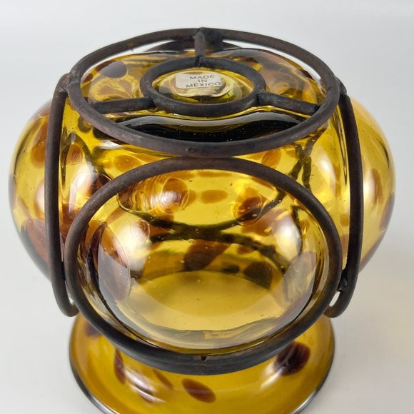 Vtg Handblown Caged Art Glass Candle Holder Vase Brutalist Wrought Iron Mexico - Picture 9 of 12